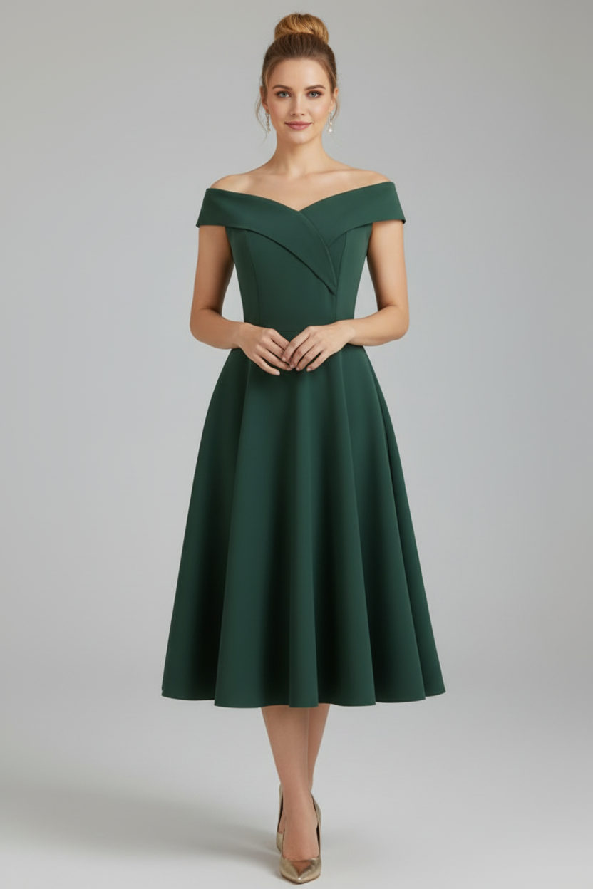 Off Shoulder Midi Dress with Shaped Bodice and Flared Skirt