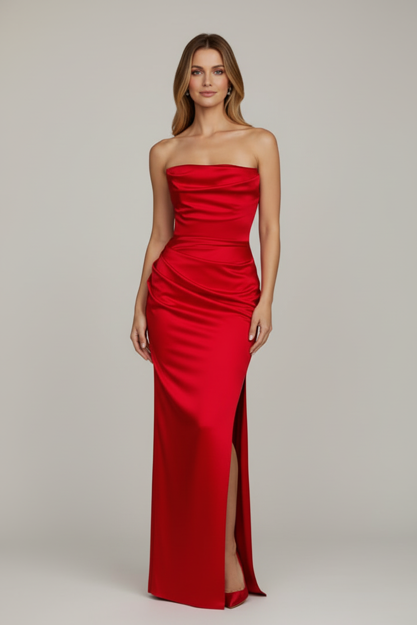 Strapless Maxi Dress with Fitted Bodice and Side Slit