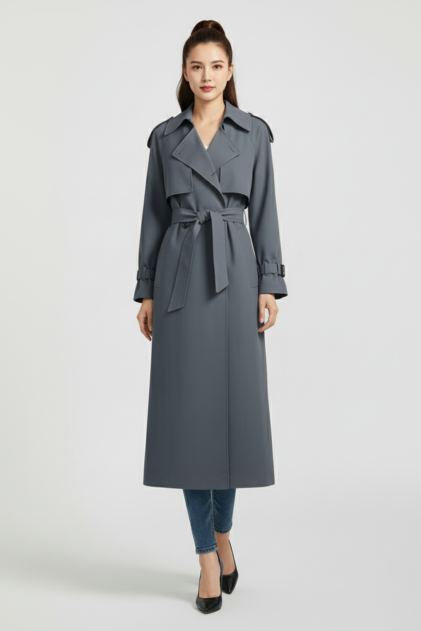Ankle Length Womens Trench Coat with Wide Collar and Double Button Front