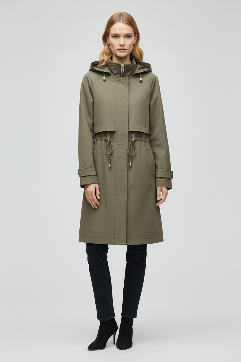 Long Womens Trench Coat with Hood Adjustable Waist and Zip Front