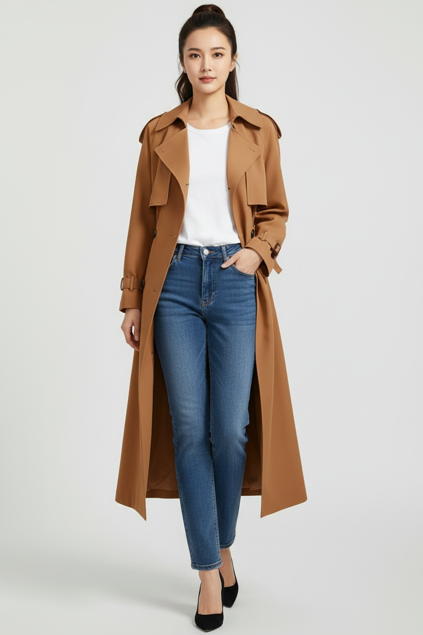 Ankle Length Womens Trench Coat with Wide Collar and Double Button Front