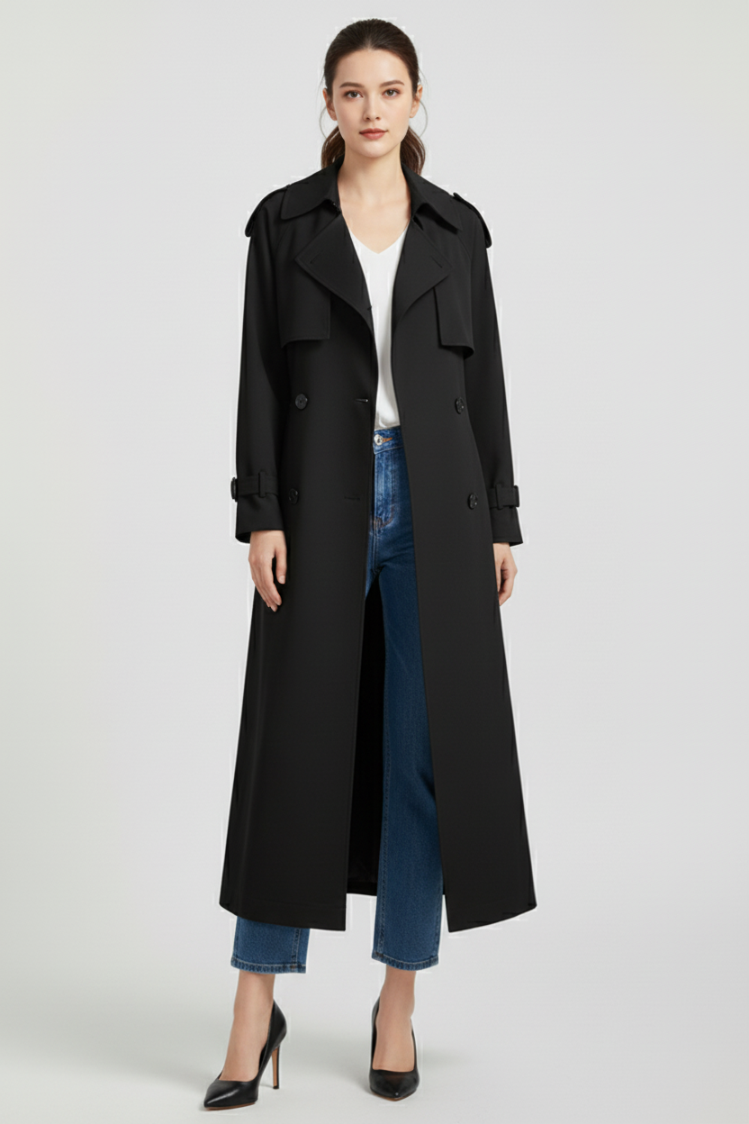 Ankle Length Womens Trench Coat with Wide Collar and Double Button Front