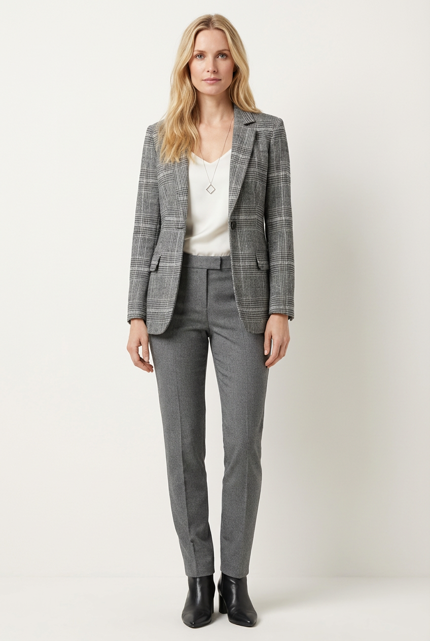 Checked Womens Blazer with Structured Shape and Button Front