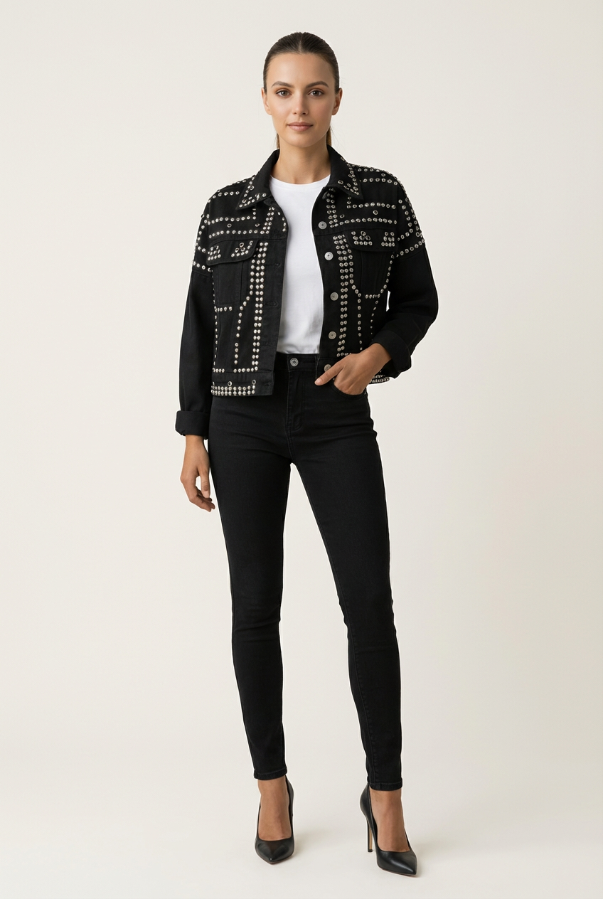 Cropped Womens Jacket with Turned Collar and Studded Surface
