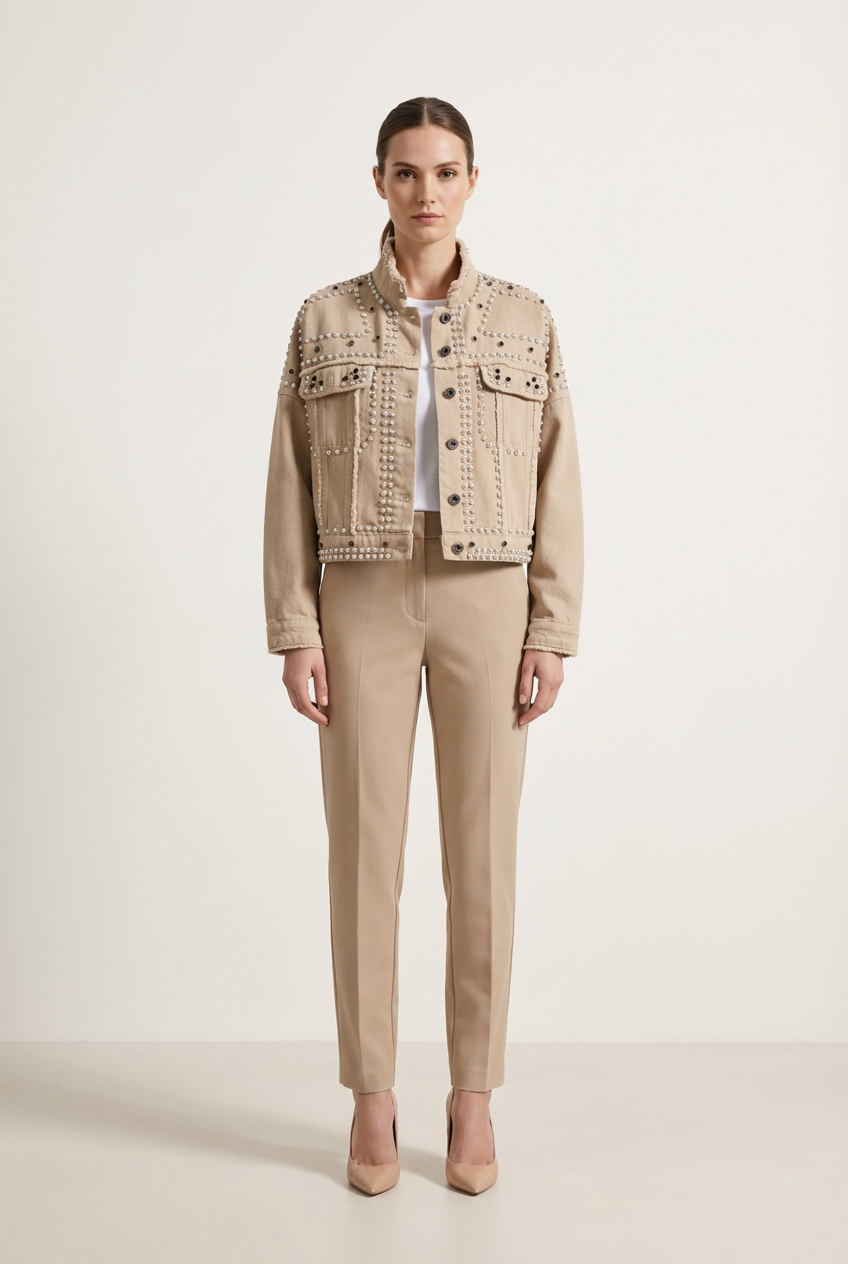 Cropped Womens Jacket with Turned Collar and Studded Surface