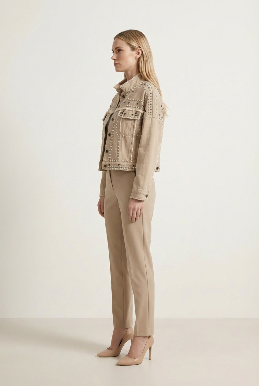 Cropped Womens Jacket with Turned Collar and Studded Surface