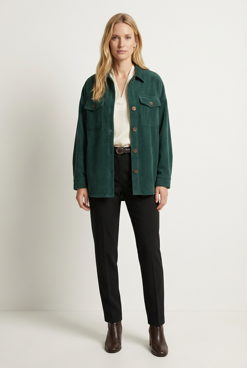 Corduroy Womens Jacket with Peaked Collar and Button Front Fit