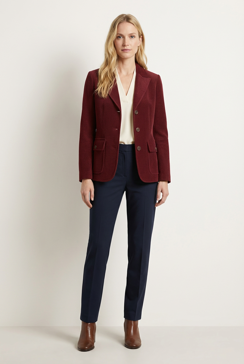 Corduroy Womens Jacket with Peaked Collar and Button Front Fit