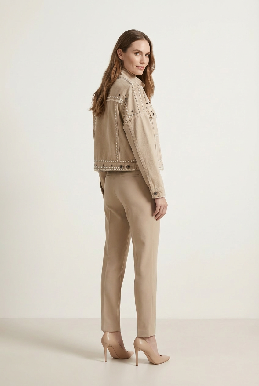 Cropped Womens Jacket with Turned Collar and Studded Surface