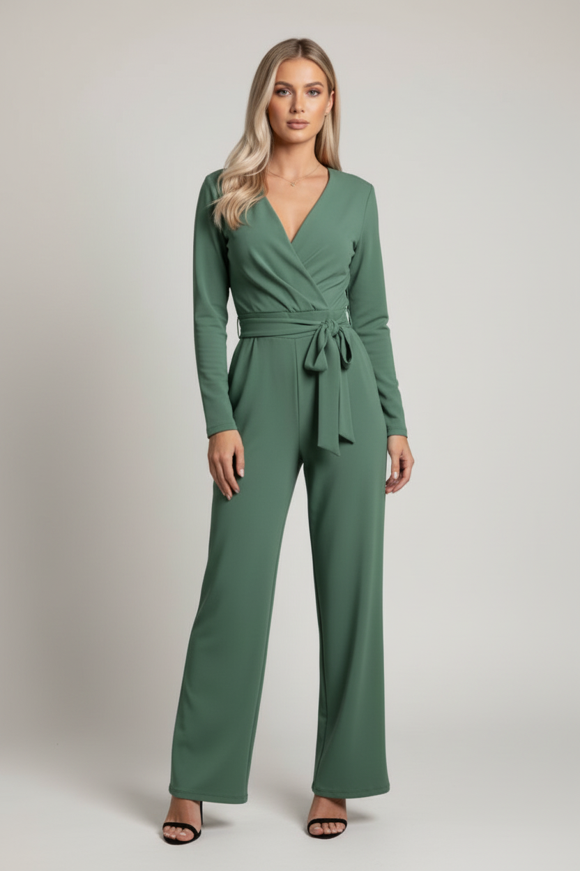 V Neck Wrap Jumpsuit with Tie Waist and Wide Leg Fit
