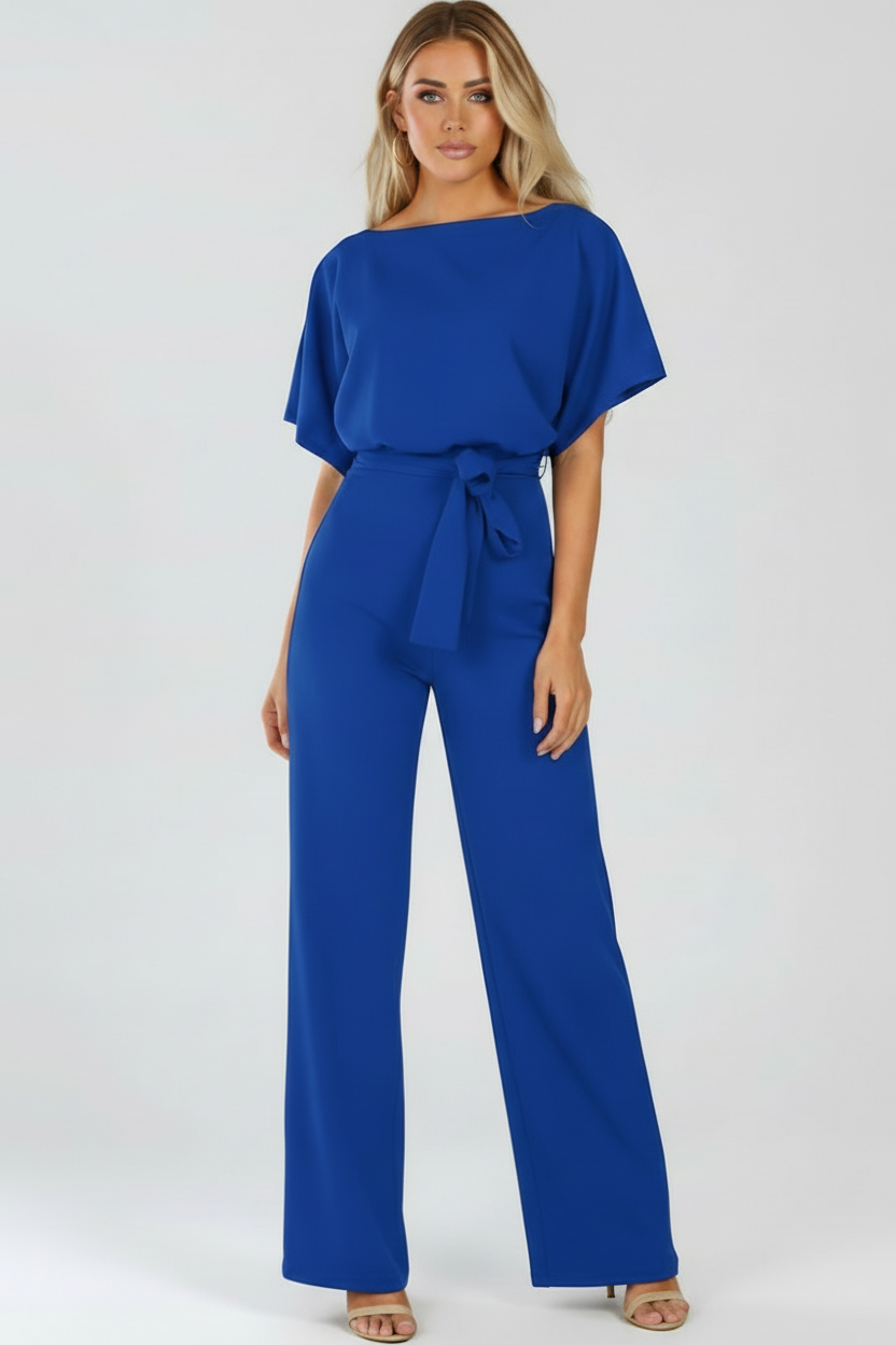 Round Neck Jumpsuit with Tie Waist and Wide Legs