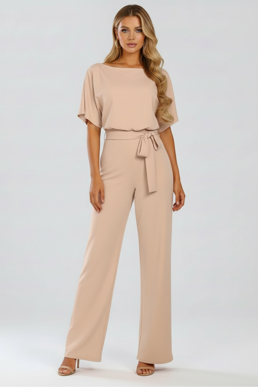 Round Neck Jumpsuit with Tie Waist and Wide Legs