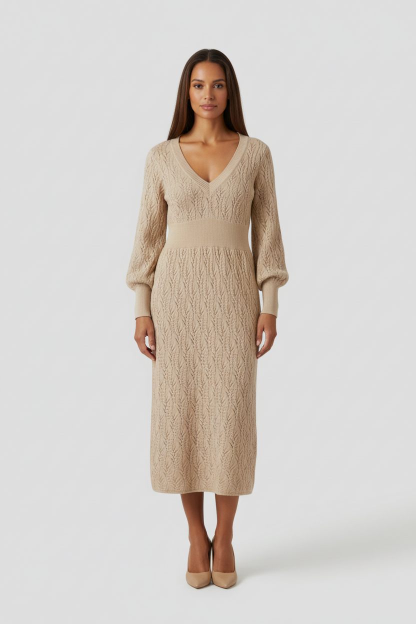 Textured Knit Midi Dress with V Neck and Long Sleeves