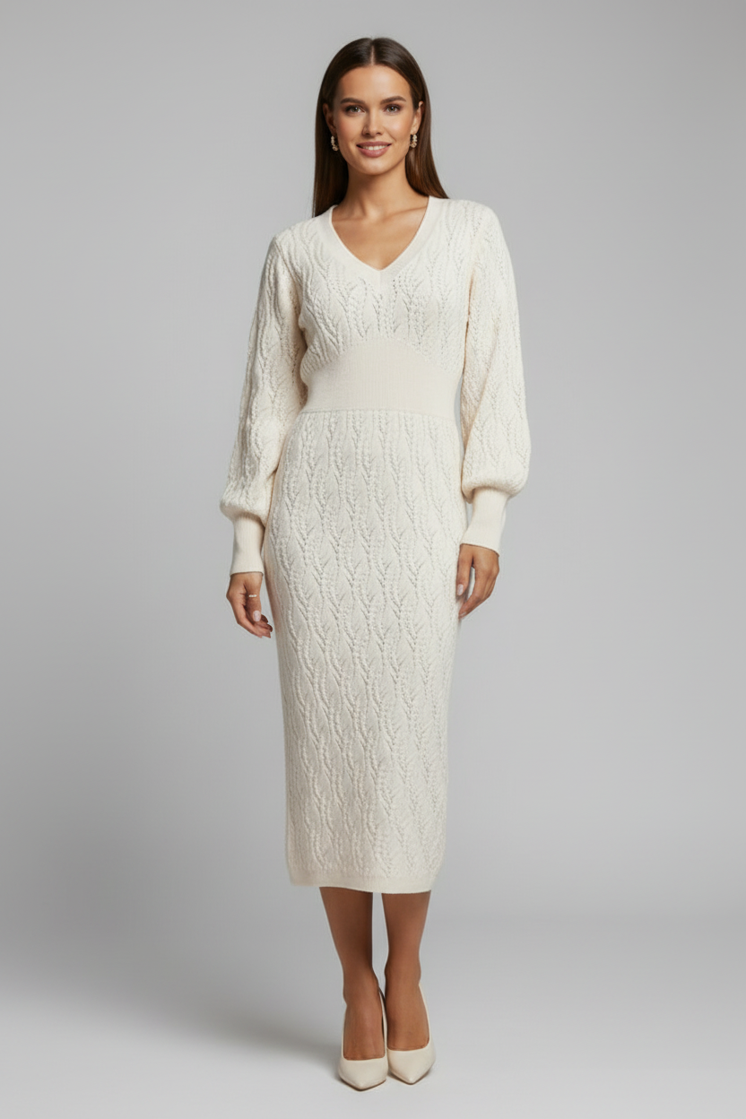 Textured Knit Midi Dress with V Neck and Long Sleeves