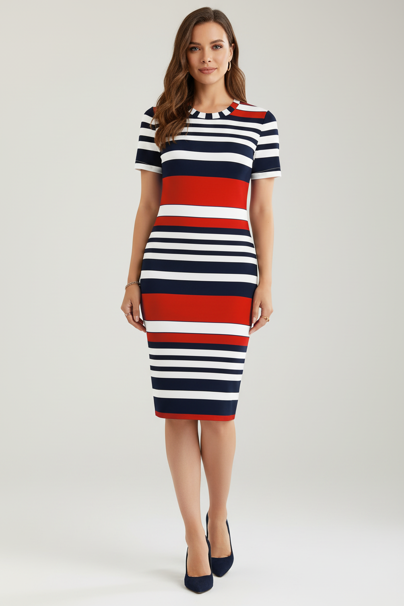 Striped Knee Dress with Short Sleeves