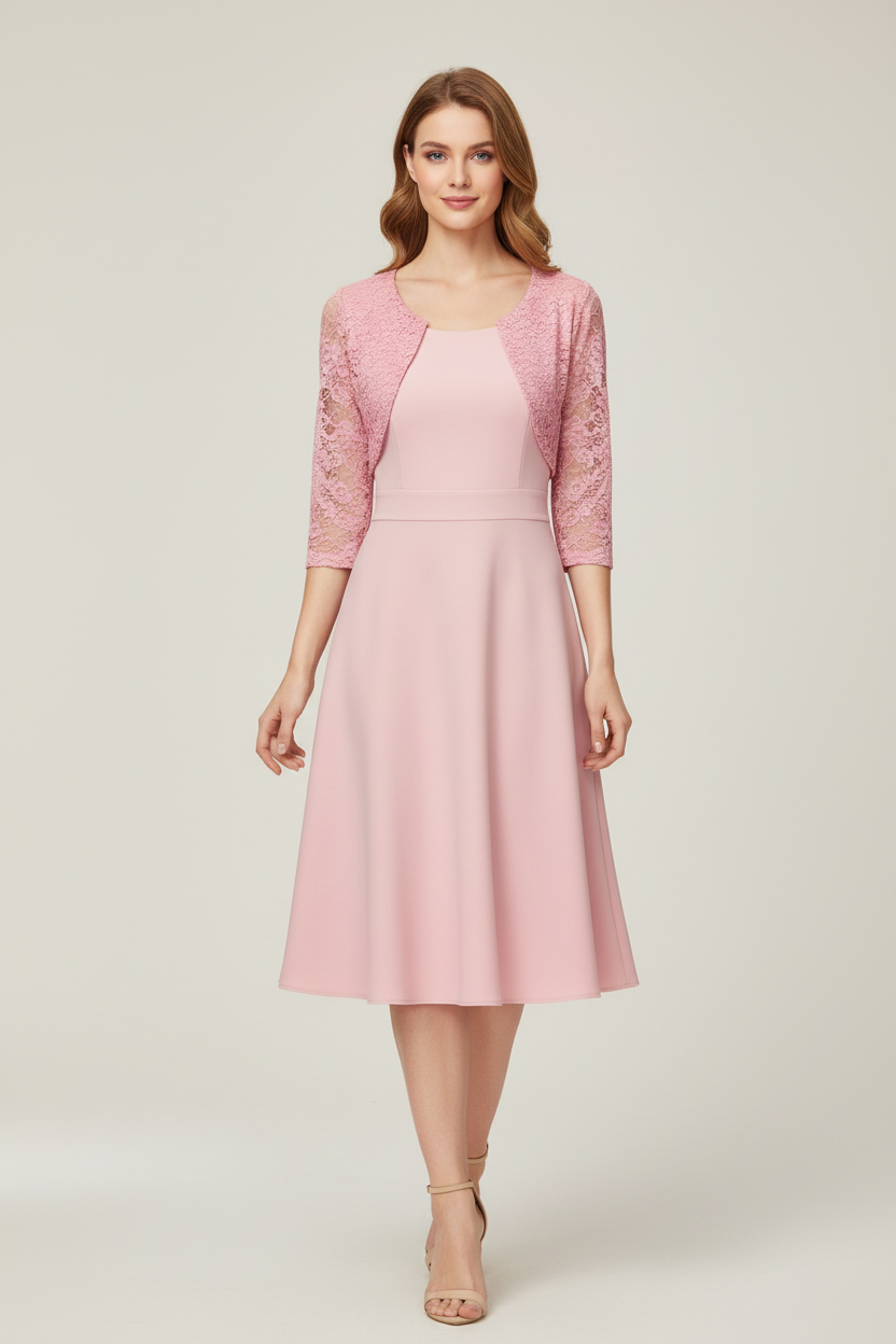 Flared Midi Dress with Lace Sleeves and Round Neck