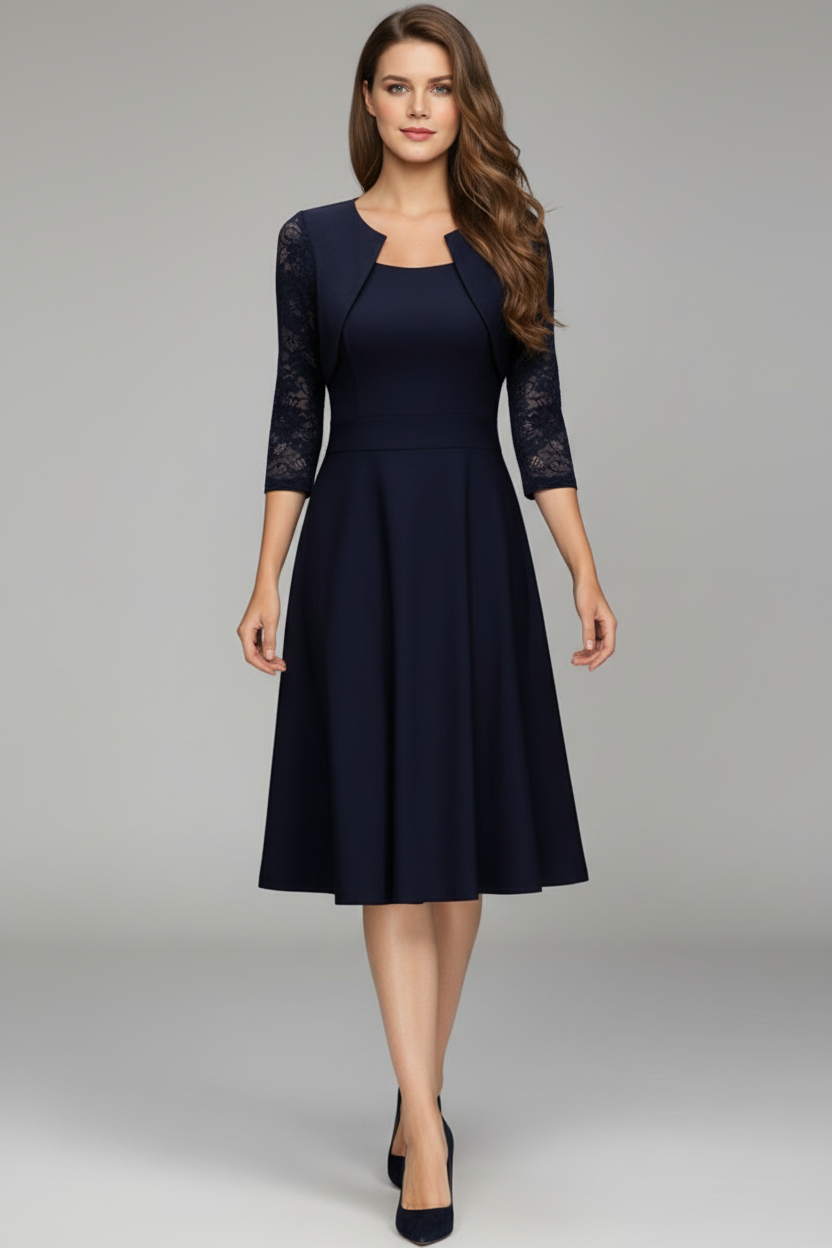 Flared Midi Dress with Lace Sleeves and Round Neck