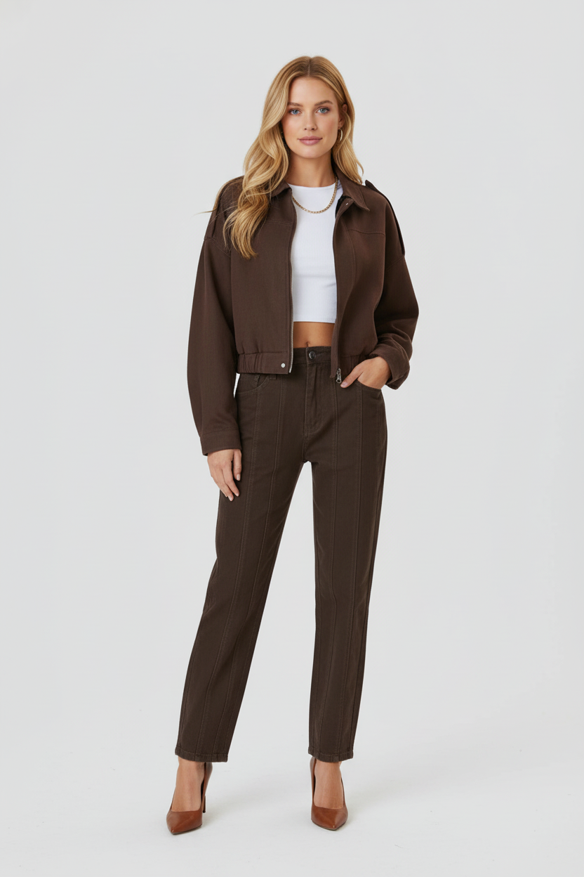 Short Cut Womens Jacket with Structured Shoulders and Zip Front