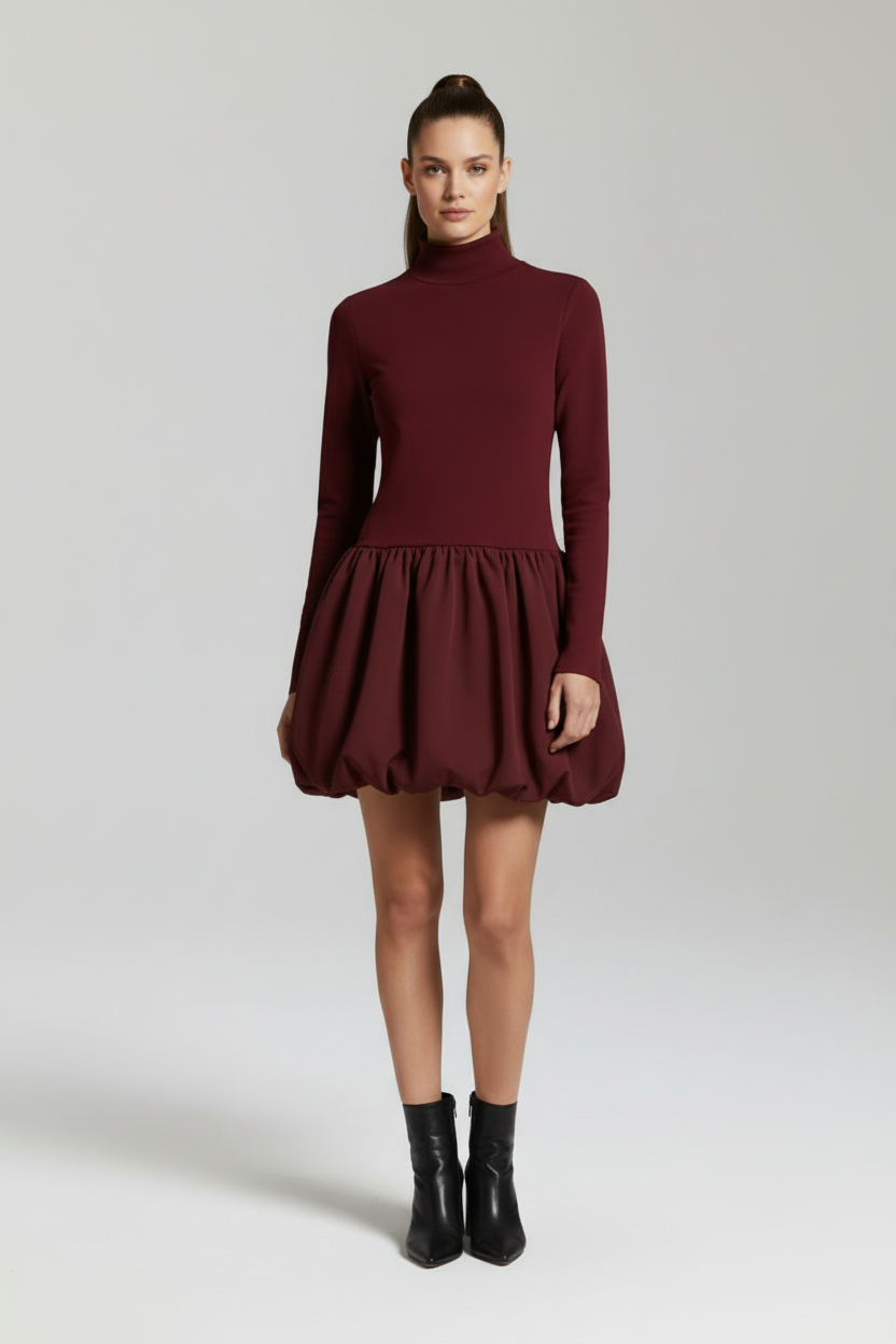 Long Sleeve Mini Dress with High Neckline and Flared Skirt