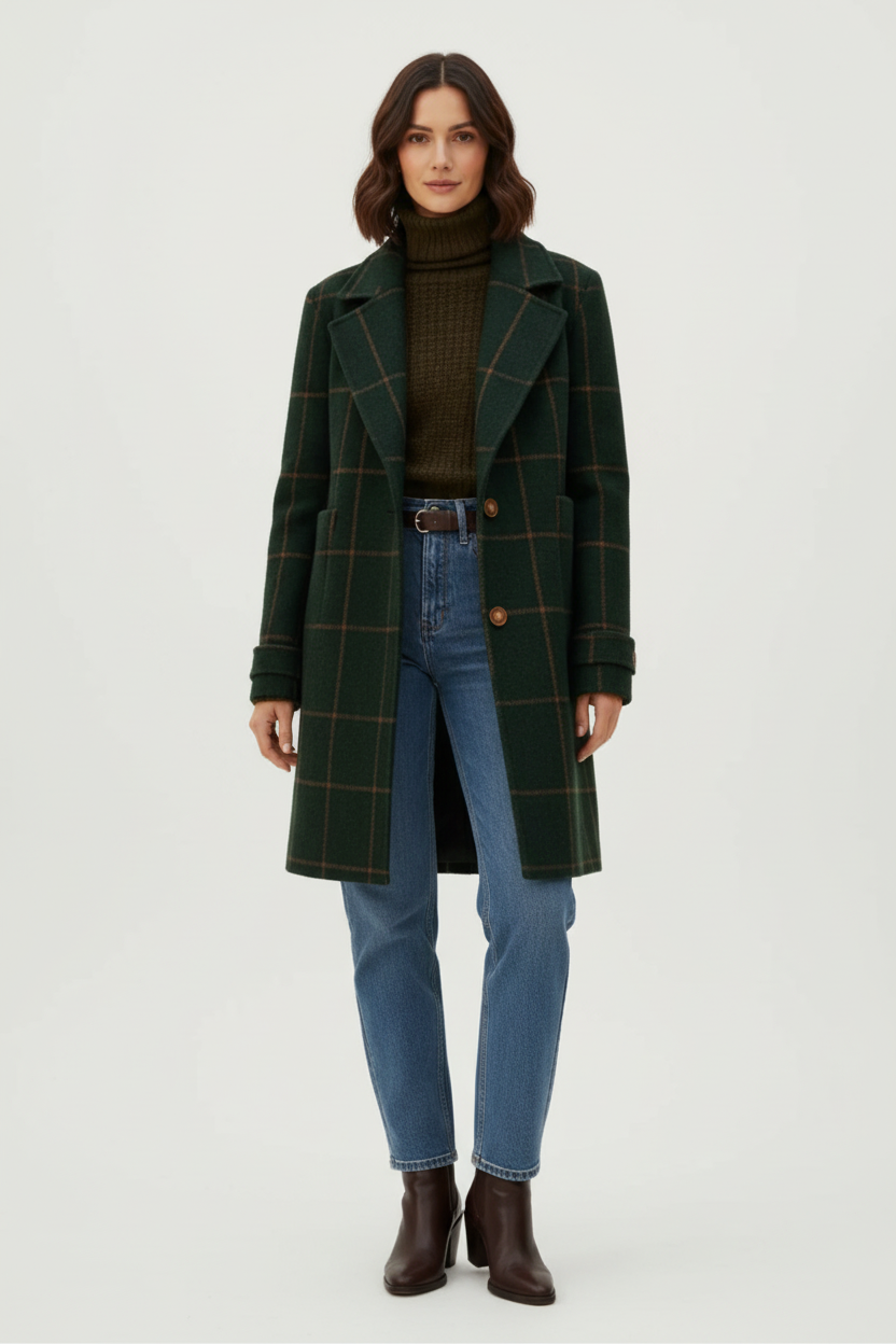 Mid Length Plaid Coat with Notch Lapels