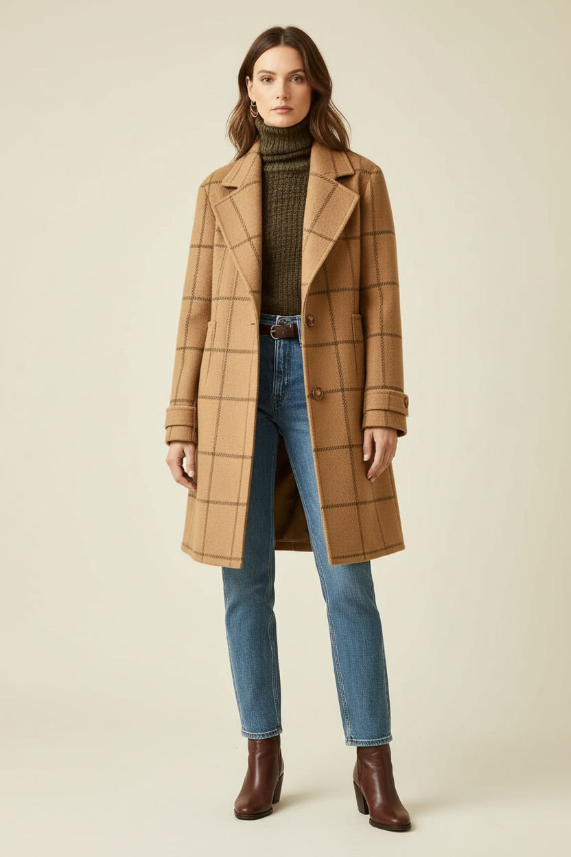 Mid Length Plaid Coat with Notch Lapels