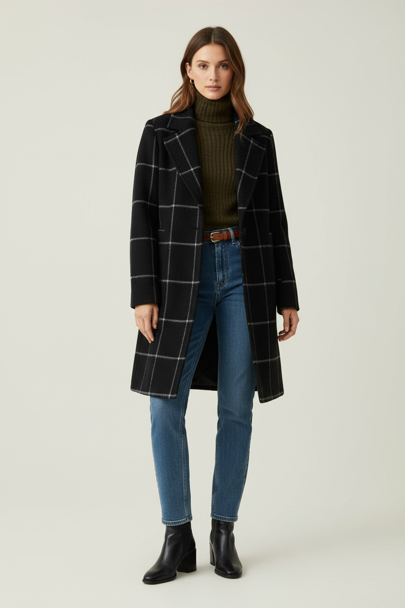 Mid Length Plaid Coat with Notch Lapels