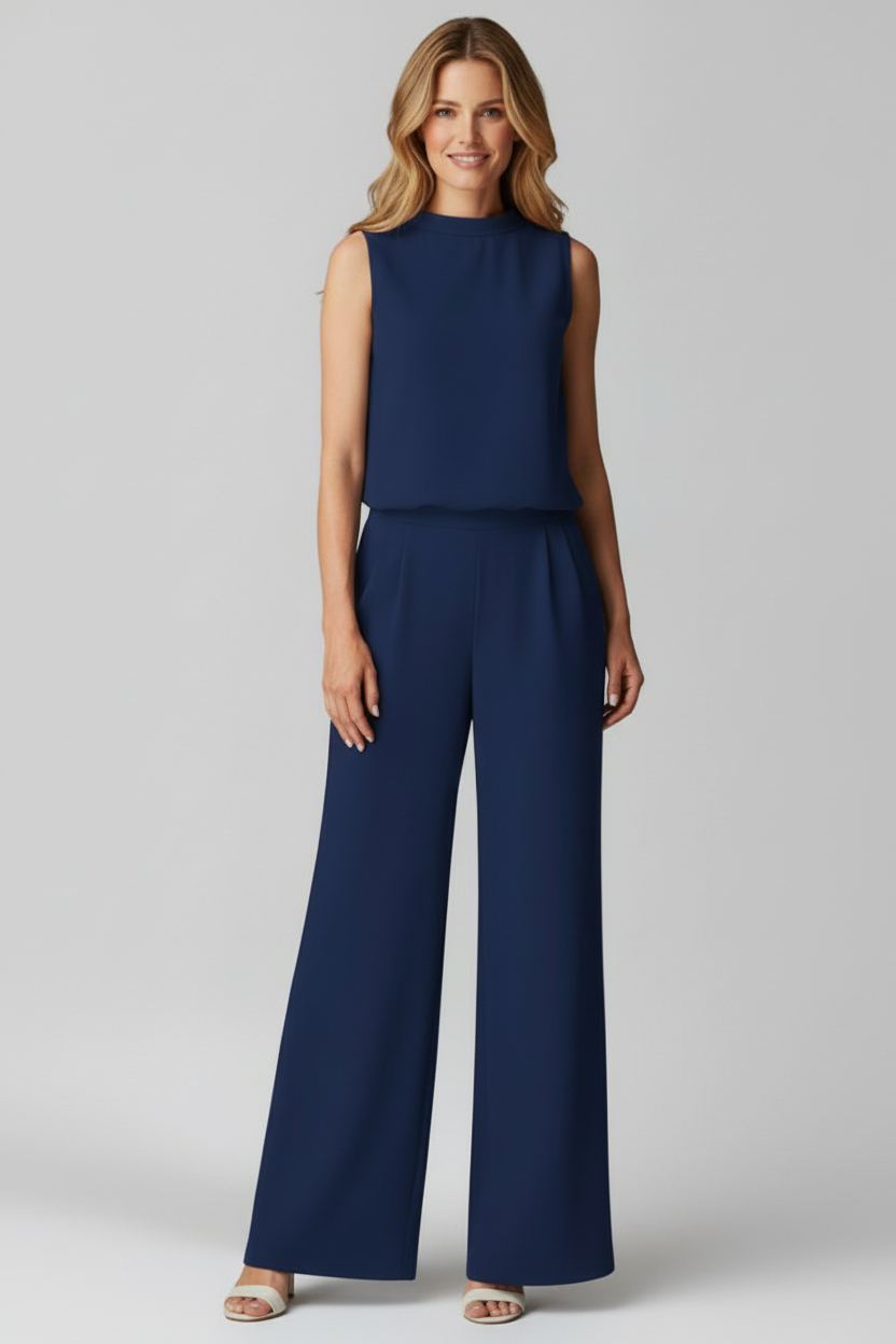 Sleeveless Wide Leg Jumpsuit with Round Neckline