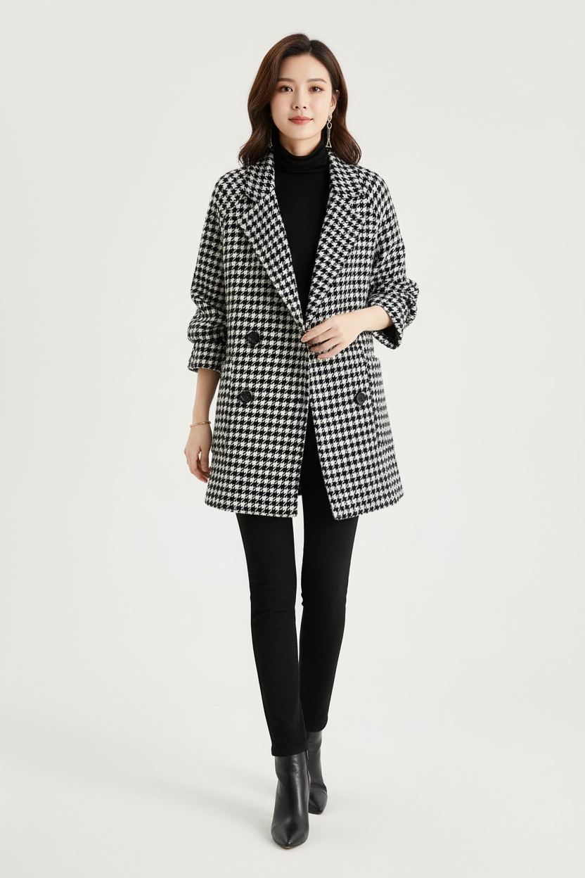 Double Breasted Checkered Coat with Notched Lapels