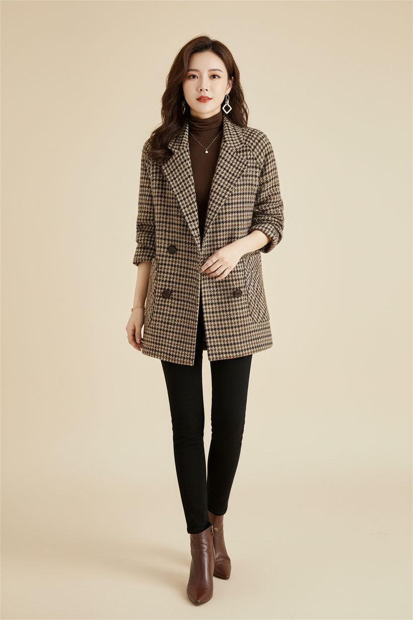 Double Breasted Checkered Coat with Notched Lapels