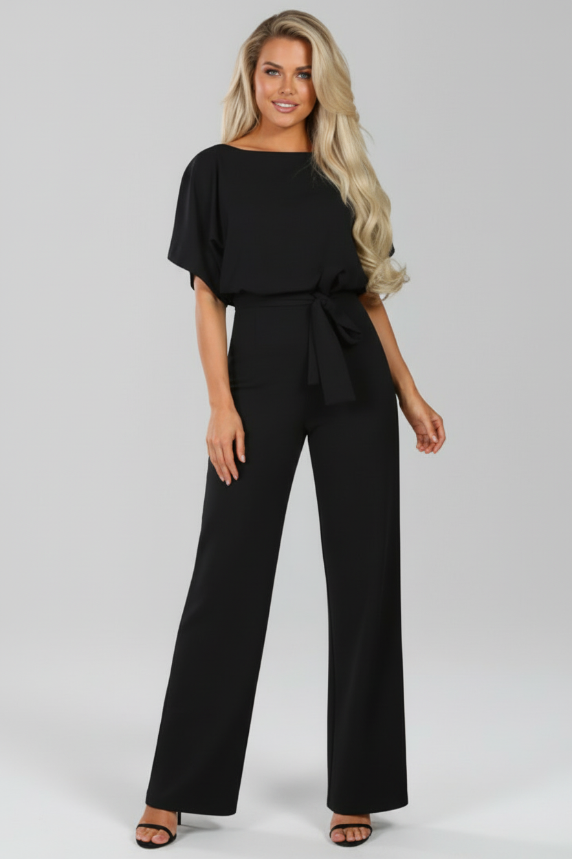 Women’s Short Sleeve Jumpsuit with Waist Tie and Wide Legs