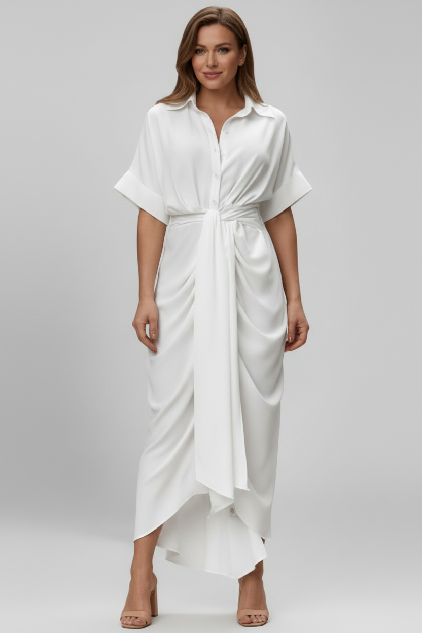 Women’s Button Front Shirt Dress with Waist Tie and Short Sleeves