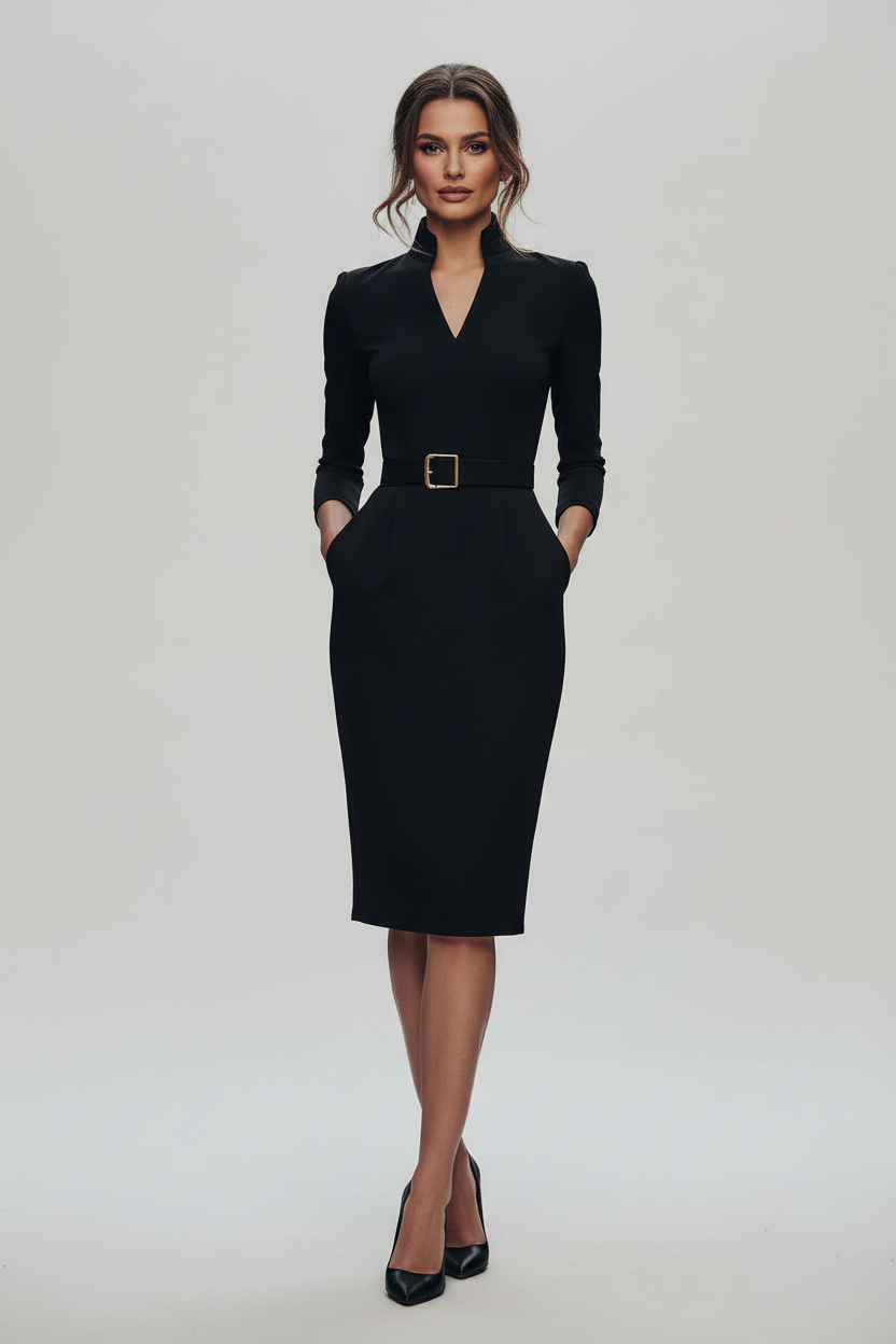 Belted Sheath Midi Dress with Structured Collar