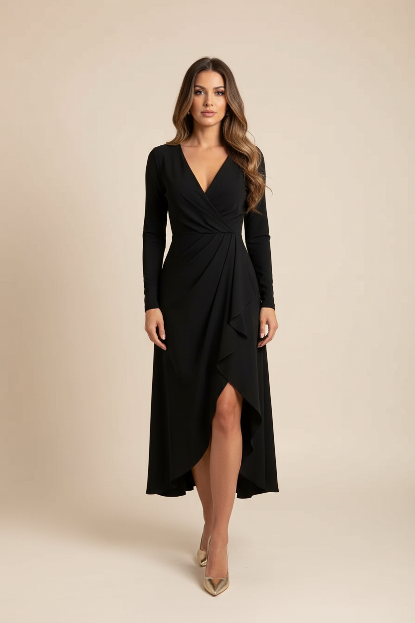 Women’s Asymmetric Midi Dress with V Neck and Empire Waist