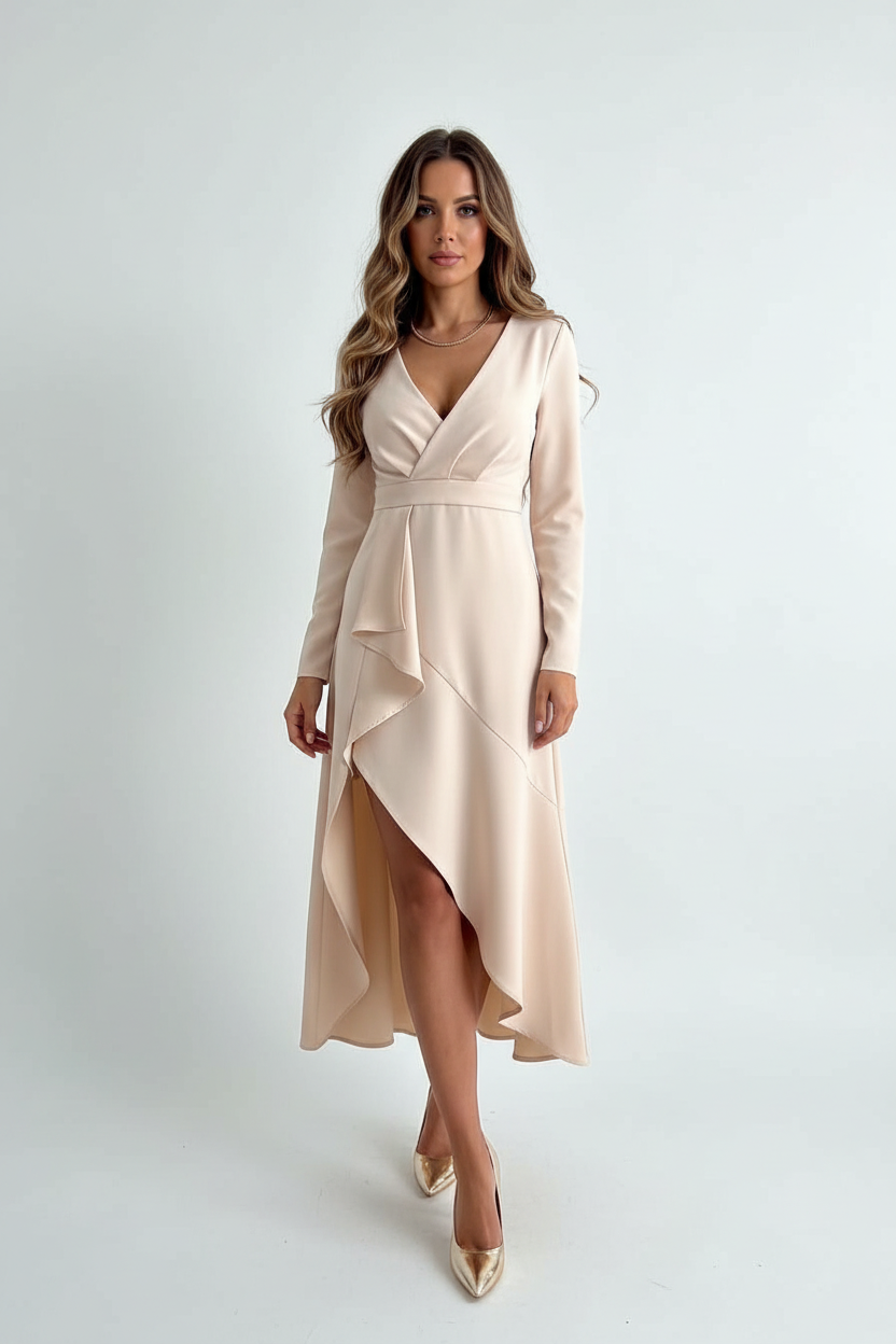 Women’s Asymmetric Midi Dress with V Neck and Empire Waist