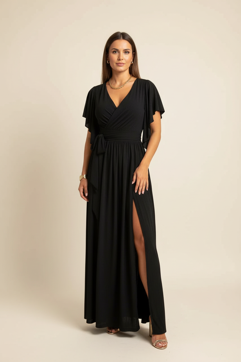 Wrap Waist Maxi Dress with Flutter Sleeves