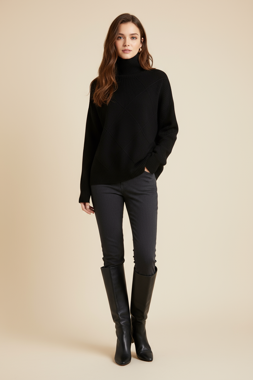 Turtleneck Argyle Sweater Women Soft Wool Elegance in Classic Design