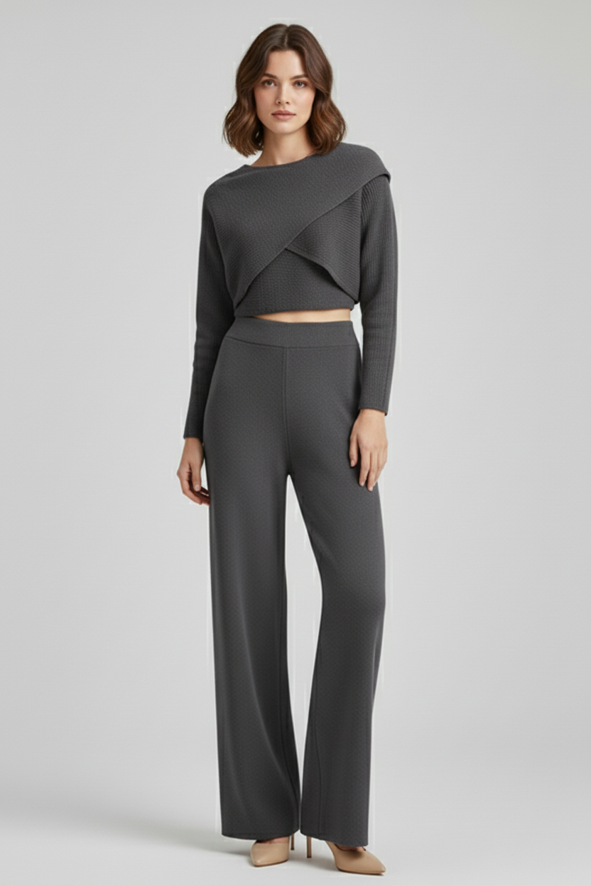 Three Piece Womens Outfit Set with Knit Top and Wide Leg Trousers