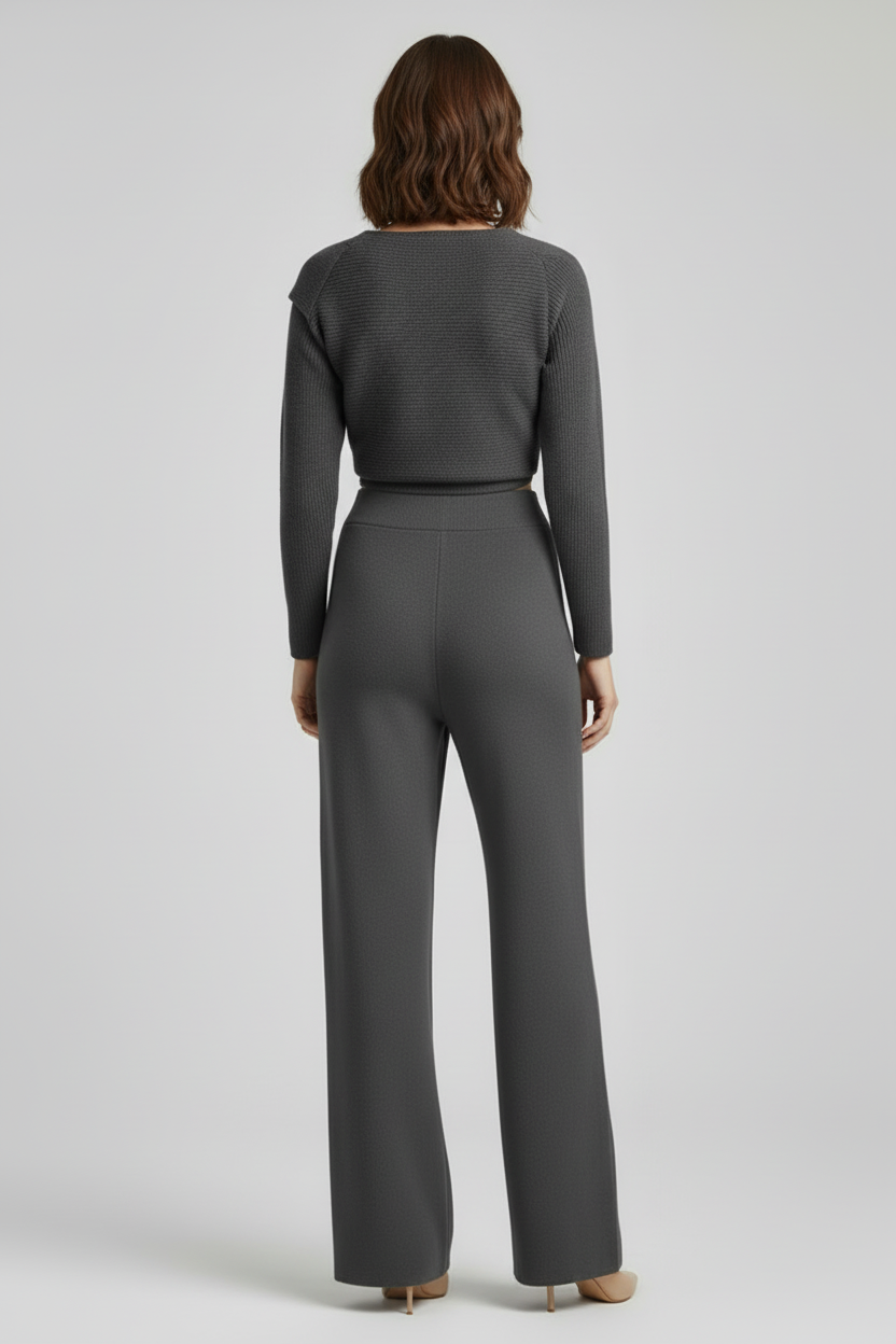 Three Piece Womens Outfit Set with Knit Top and Wide Leg Trousers