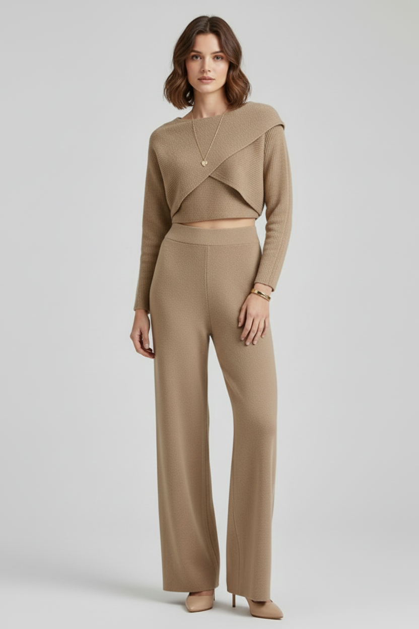 Three Piece Womens Outfit Set with Knit Top and Wide Leg Trousers