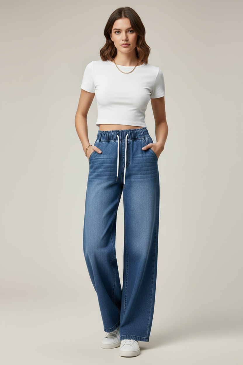 High Waist Womens Wide Leg Trousers with Elastic Waist and Piping Detail