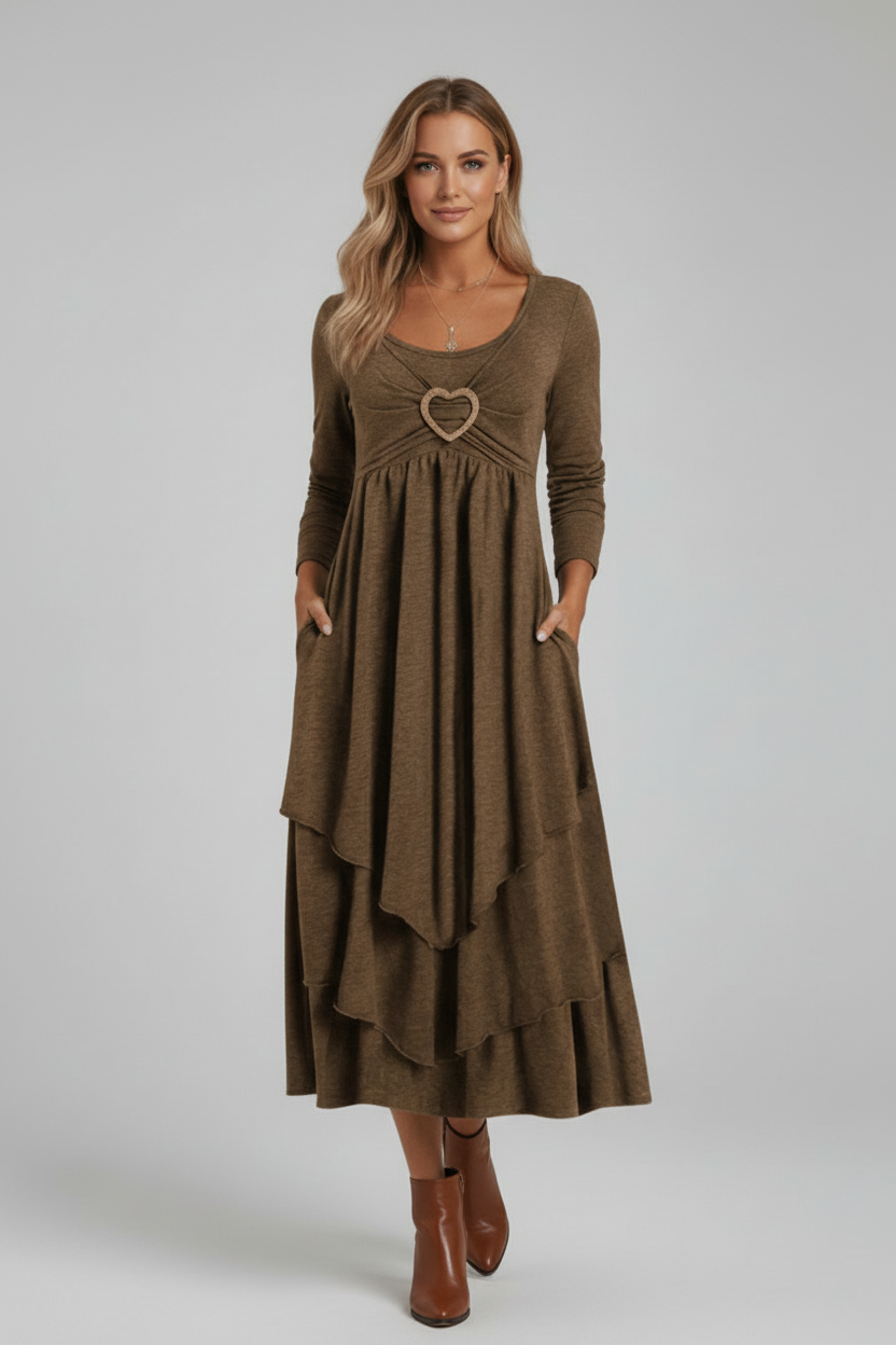 Tiered Midi Dress with Long Sleeves and Heart Detail