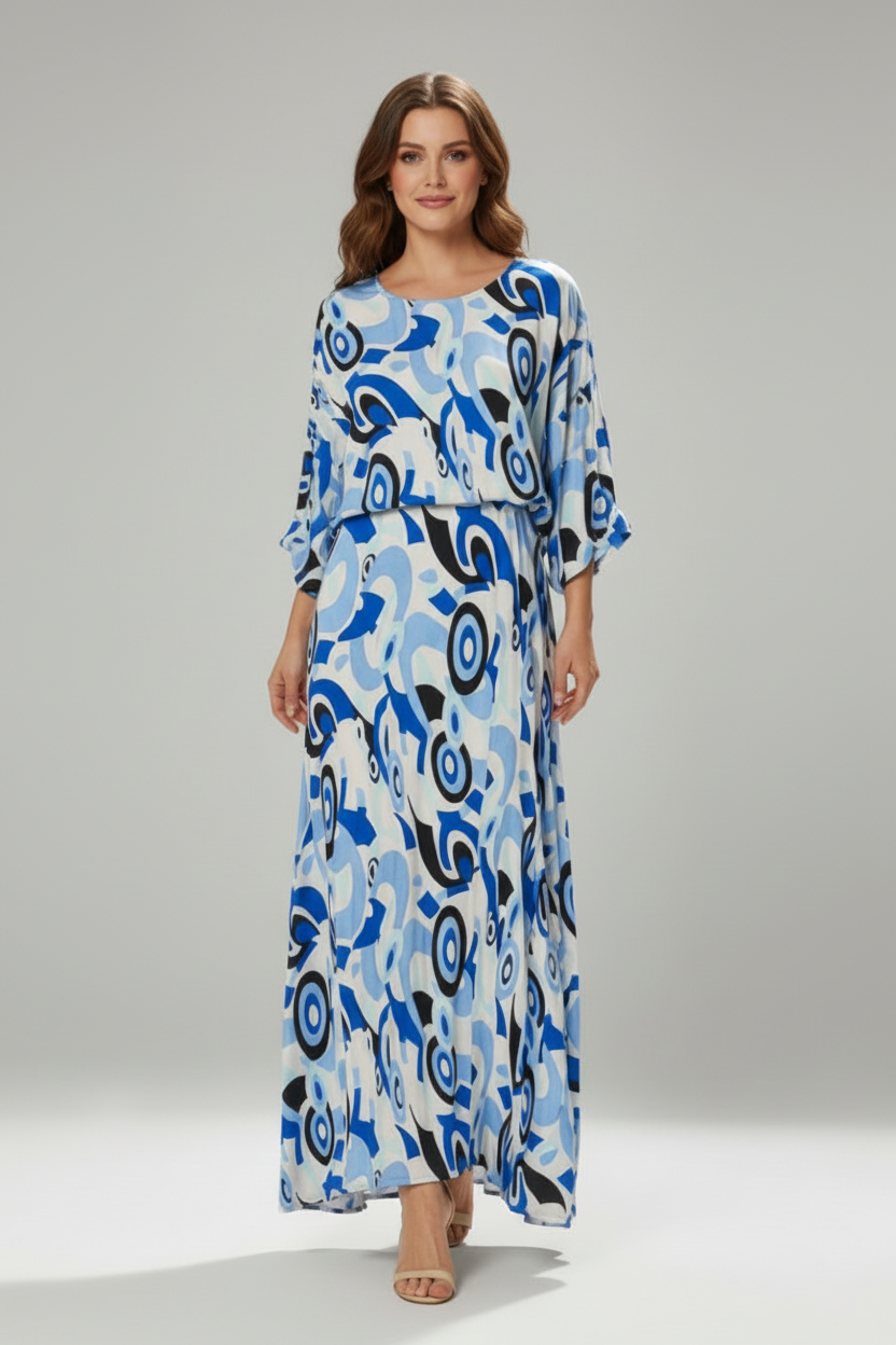 Printed Maxi Dress with V Neck and Tie Waist Detail