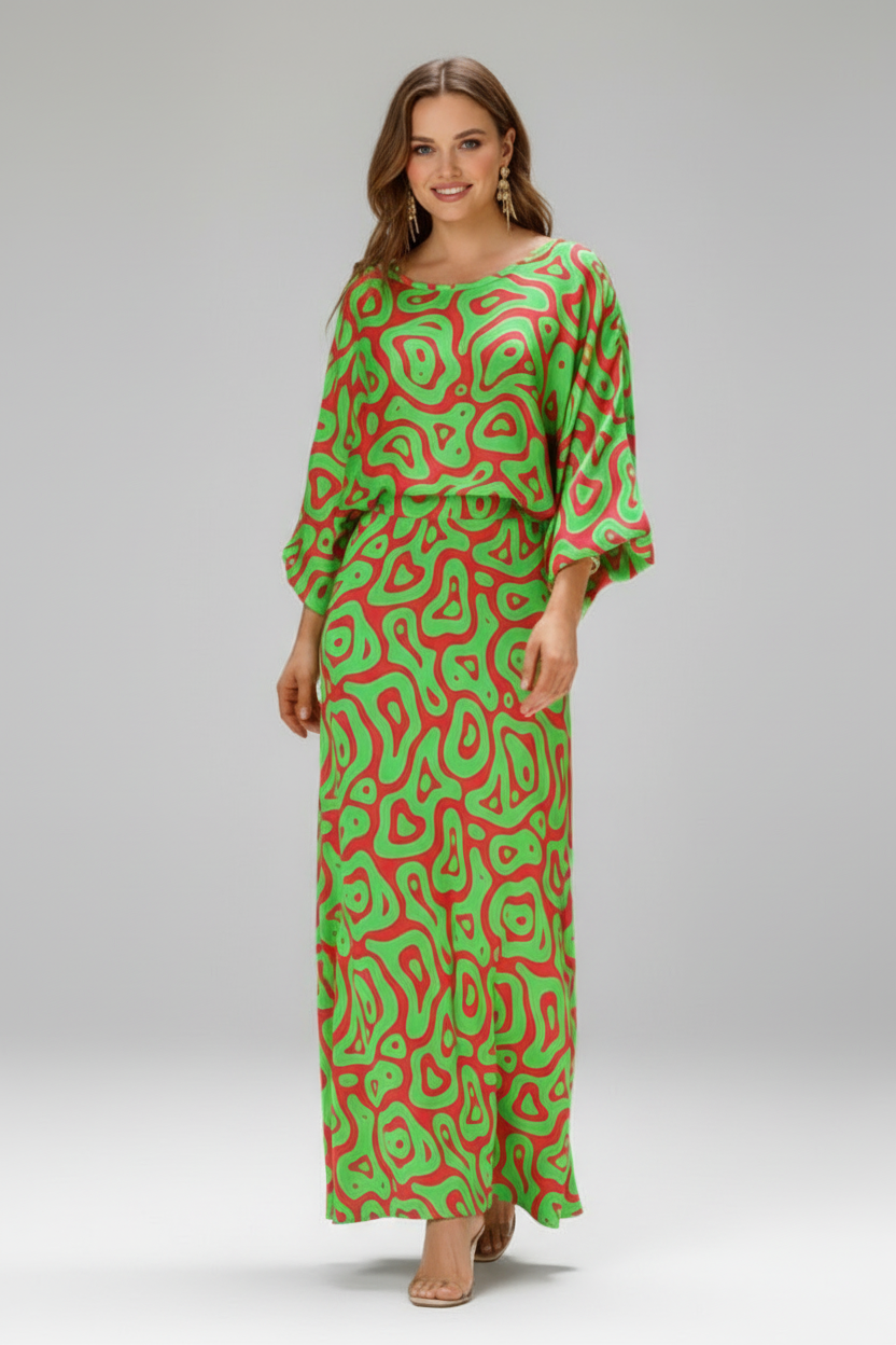 Printed Maxi Dress with V Neck and Tie Waist Detail