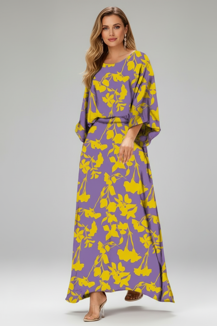Printed Maxi Dress with V Neck and Tie Waist Detail