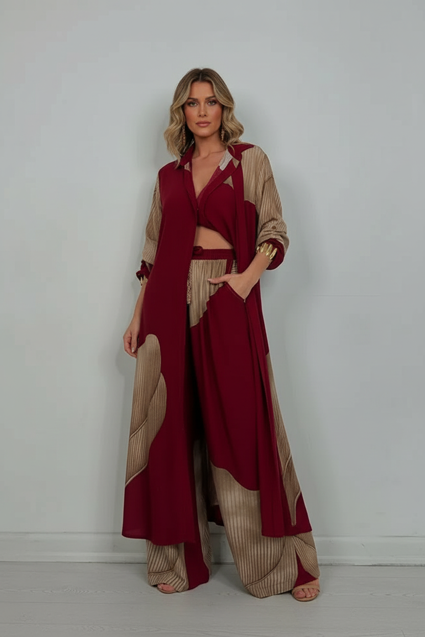 Printed Two Piece Set with Flowing Blouse and Wide Leg Pants