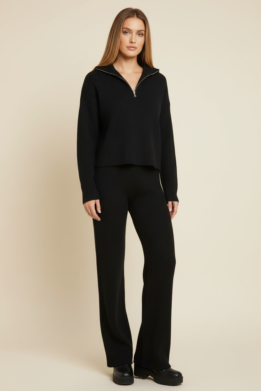Ribbed Lounge Co Ord Set with Half Zip Top and Flared Trousers
