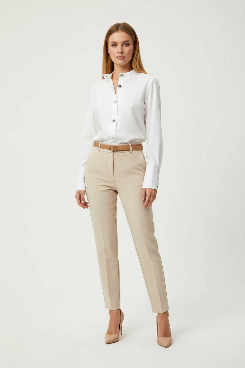 Button Front Shirt with Stand Collar and Clean Silhouette
