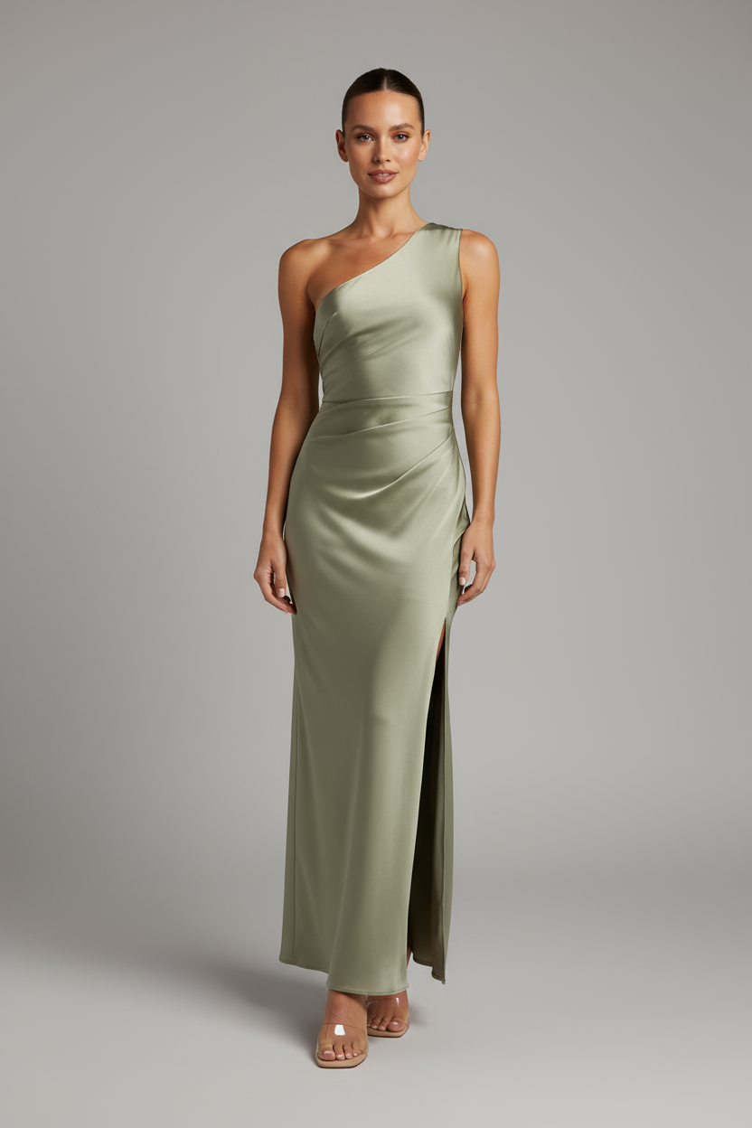 One Shoulder Satin Maxi Dress Women Sleek Asymmetrical Cut with High Slit
