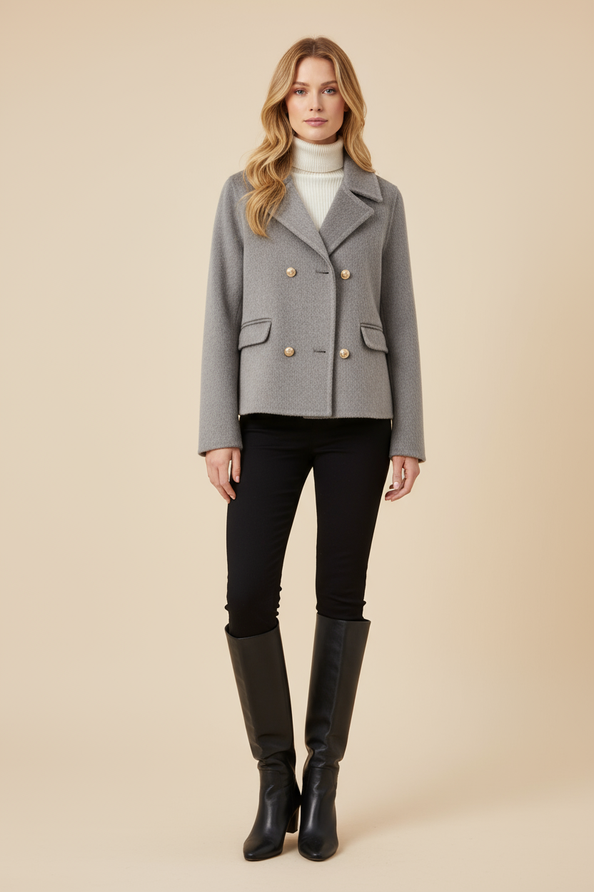 Elegant Coat Women Gold Buttons and Tailored Doll Collar