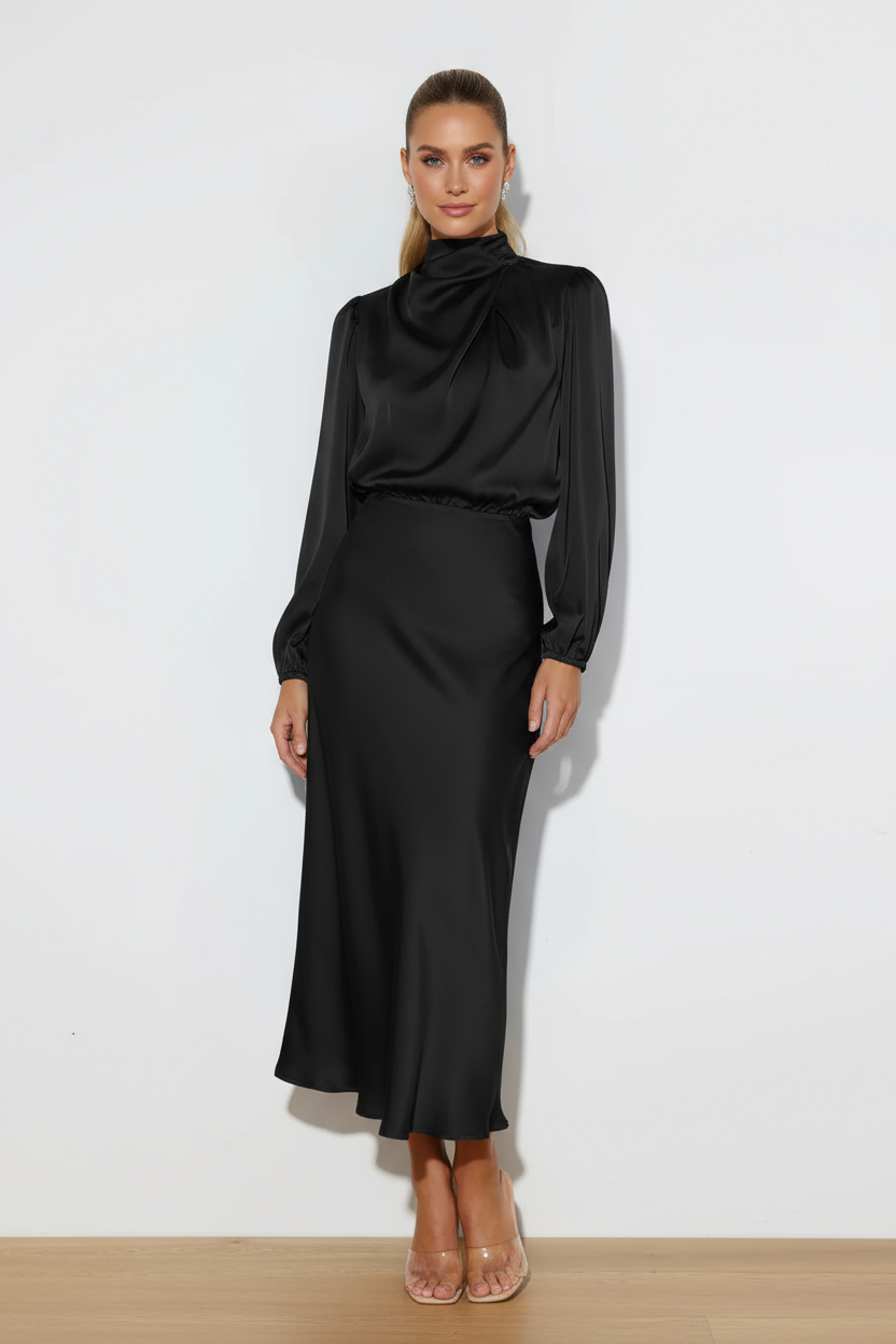 Floor Length Dress Women Elegant A Line with Pleated Detail